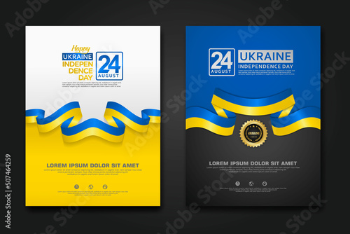 Set poster design Ukraine happy Independence Day background template with elegant ribbon-shaped flag, gold circle ribbon. vector illustration