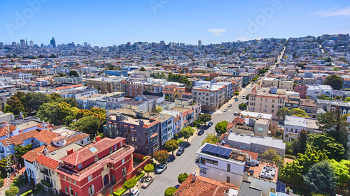 Aerial over California stunning city with colorful homes