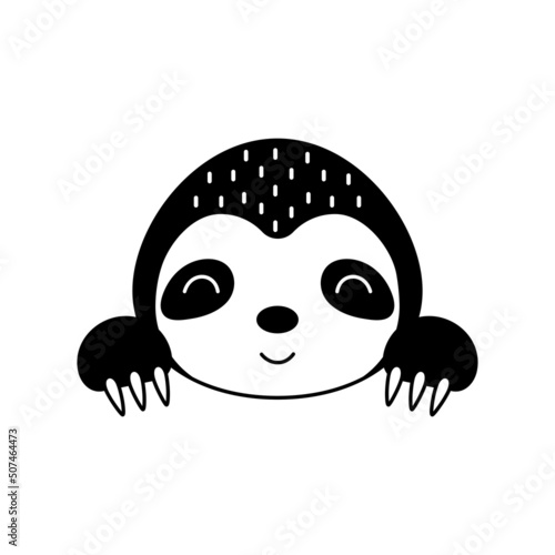 Cute sloth head in Scandinavian style. Animal face for kids t-shirts, wear, nursery decoration, greeting cards, invitations, poster, house interior. Vector stock illustration