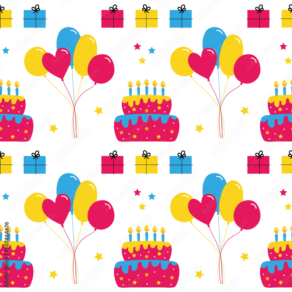 Φωτογραφία Vector seamless pattern background with bunch of colorful balloons, birthday cake, gifts for birthday and party design