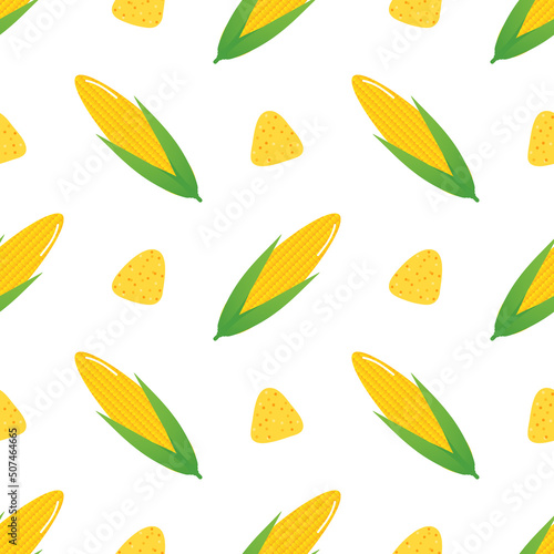 Vector seamless pattern background with nacho chips, tortilla chips and corn for food design.
