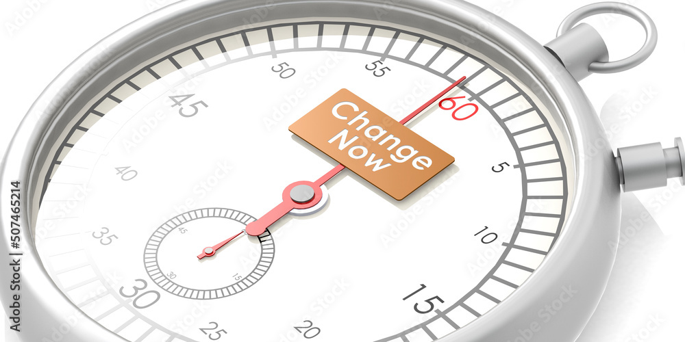 Naklejka premium Change now word and stopwatch