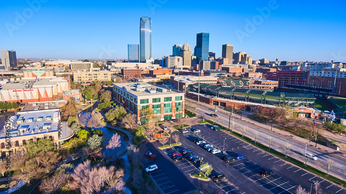 Aerial of shopping center and downtown of Oklahoma City in morning photo