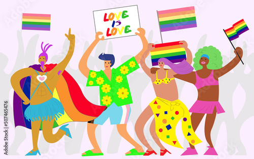 LGBT community. Banner with a group of people participating in a Pride parade. Doodle vector background with gay, lesbian, transgender, and bisexual.
