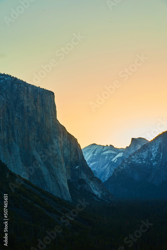 Iconic El Capitan silhouette with golden morning light at Yosemite