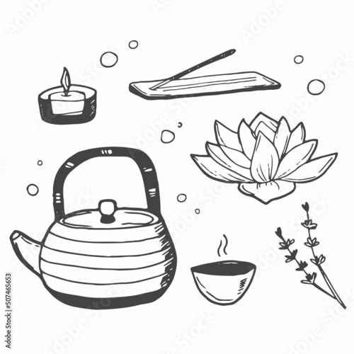 Icon set wellness, spa, meditation, with lotus flower, candles, towels, buddha, bath salt, leafs and flowers. Hand drawn doodle vector illustration.