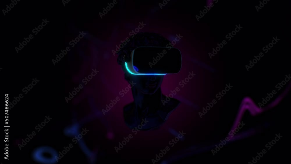 3D Multicolored David Head Hologram In VR Glasses in Neon Light Background. VR headset. Cyberspace Virtual Reality Concept. Augmented Reality Helmet 3D Multicolored David Head Hologram In VR Glasses in Neon Light Background. VR headset. Cyberspace Virtual Reality Concept. Augmented Reality Helmet