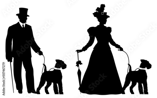 Set of two silhouettes of young woman and man in historical clothing with Welsh Terrier dog on leash. Elegant victorian woman and man with pet.