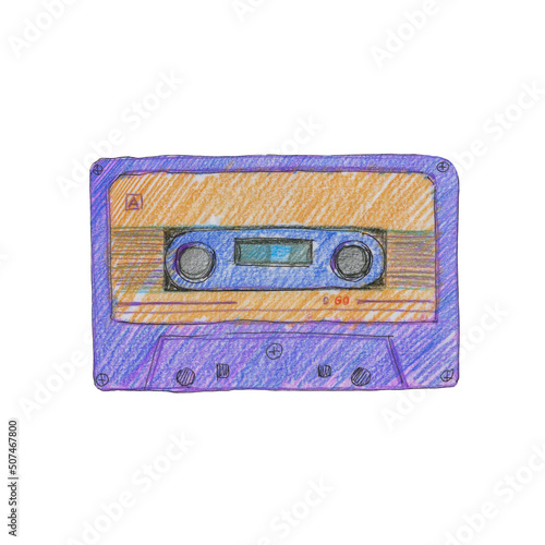 Audio cassette hand drawn with colored pencils.