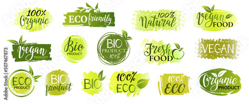Eco product, organic, natural, bio food icons. Fresh and heath food product. Green labels collection for food market, organic productions promotion.