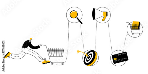A user with a cart runs along a trajectory with various icons. Vector illustration on the theme of the customer journey. photo