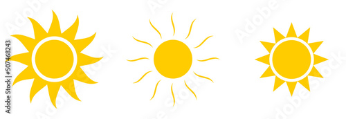 Vector set of sun icon on isolated transparent background. PNG sun icons. Cartoon yellow sun icons.