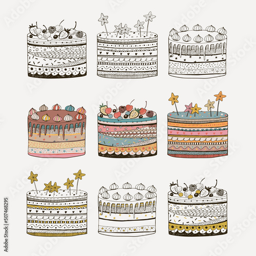 Birthday cake vector illustrations, graphic print set