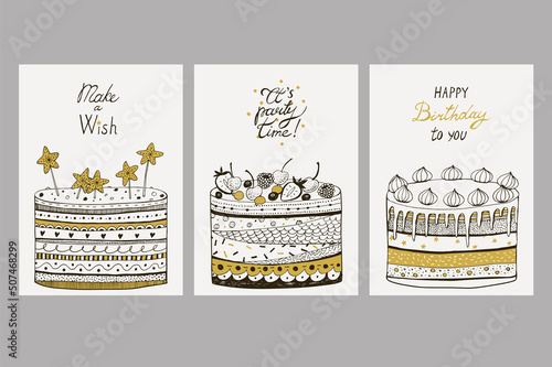Birthday cake vector illustrations, graphic print set