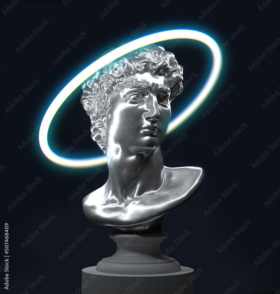 Abstract illustration from 3d rendering of classical male head sculpture on a pedestal made of shiny steel illuminated by a white neon halo ring and isolated on black background. Abstract illustration from 3d rendering of classical male head sculpture on a pedestal made of shiny steel illuminated by a white neon halo ring and isolated on black background.