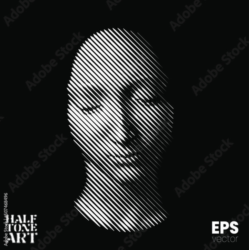 Halftone Art. Vector black and white illustration from 3d rendering of female face in tilted line halftone style isolated on black background.