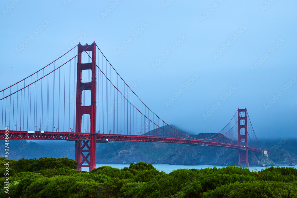 Foggy morning from southeast corner of Golden Gate Bridge in California