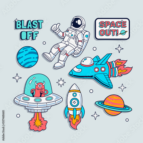 Space badges, stickers. Vector illustrations of peace an astronaut, spaceship, rocket, and planets.