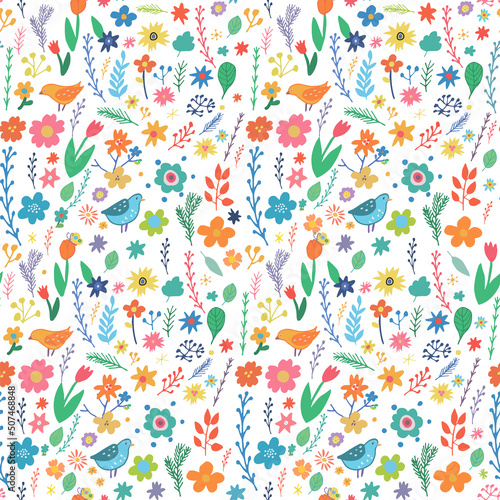 Little flowers summer ornament with birds vector seamless pattern