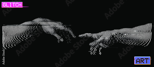 Vector black and white oscilloscope illustration of hands reaching isolated on background.