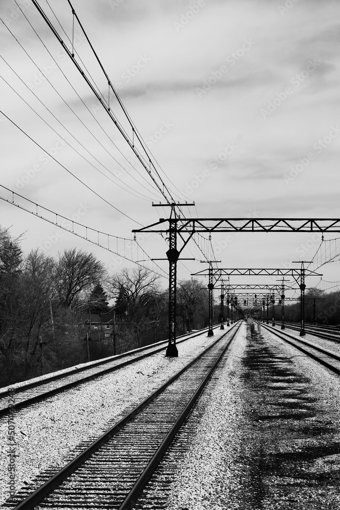 railway in the morning in black and white 
