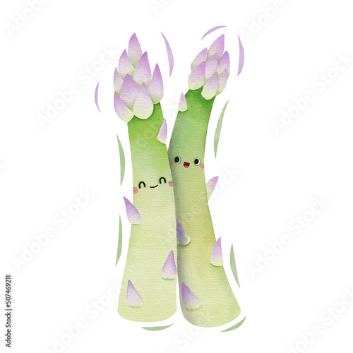 Watercolor cute asparagus  cartoon character. Vector illustration.