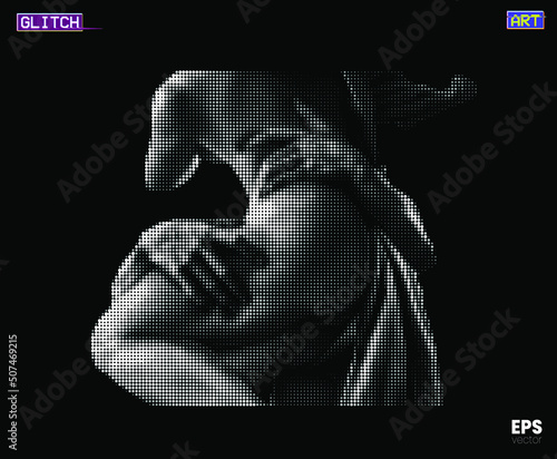 Vector illustration of digital glitch art classical sculpture of Proserpina Rape detail from 3D rendering in white dot halftone on black background. photo