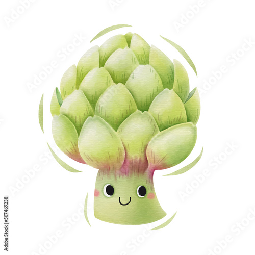 Watercolor cute artichoke cartoon character. Vector illustration.