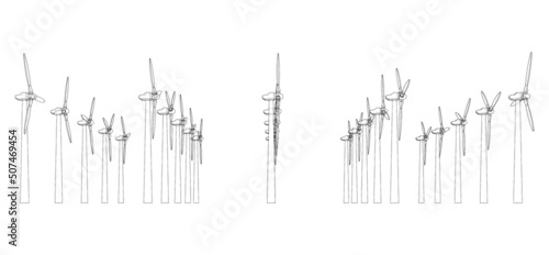 Wind turbines. Vector rendering of 3d