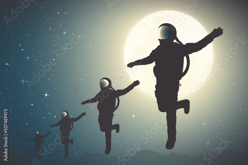 Astronaut team. Four men in space suits. Flying cosmonaut silhouette