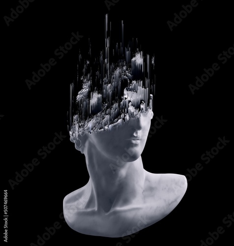 3D rendering illustration of a broken marble fragment of head sculpture in classical style with pixel sorting glitched broken part in monochromatic grey tones isolated on black background. 