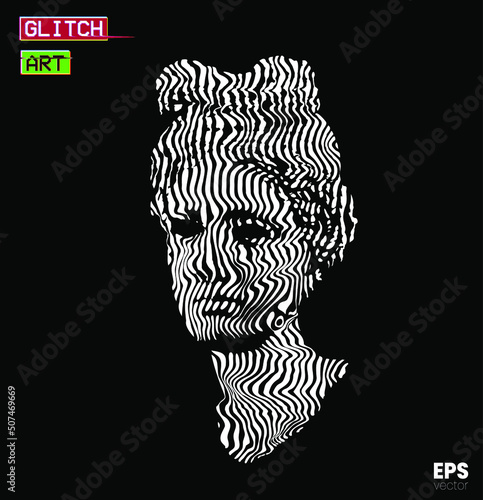 Glitch Art. Vector black and white striped and glitched pattern illustration from 3D rendering of classical female head bust sculpture isolated on black background. 