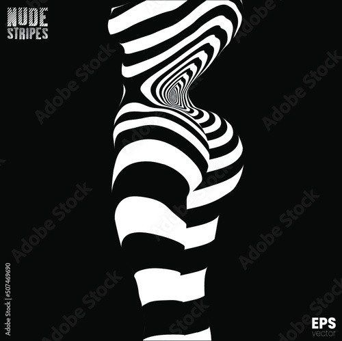 Vector abstract black and white spiral circles illustration from 3D rendering of a nude woman's sexy body back  isolated on black background.  