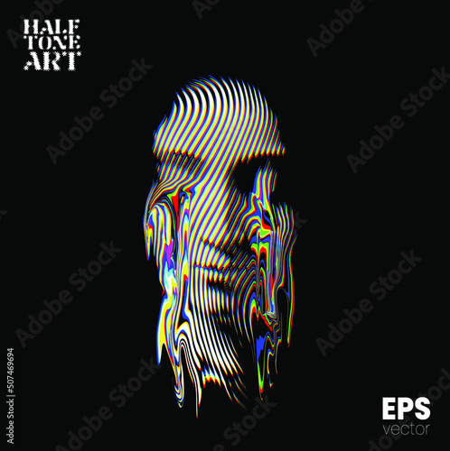 Halftone Art. Vector color RGB mode illustration from 3d rendering of female face in wavy line halftone style and glitched tears liquified face isolated on black background.
