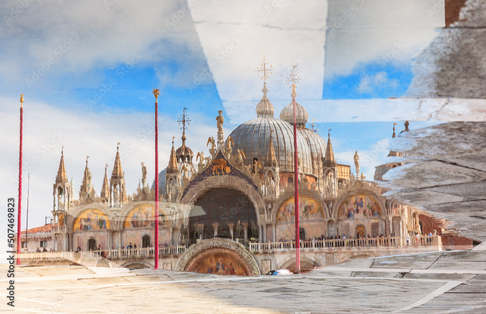 Water reflection view of St Mark's Basilica, Venice, Italy