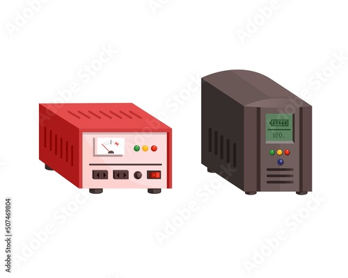 Electical Stabilizer and UPS Battery comparison. voltage stabilizer device object set illustration vector