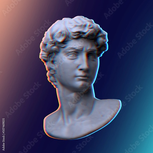 Digital offset RGB color offset illustration of classical marble male head bust sculpture from 3D rendering isolated on black background.