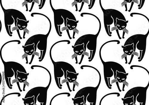 Fotobehang Vector seamless pattern of cute black cats on white background.