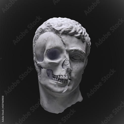 Fotografiet Abstract illustration from 3D rendering illustration of half skull white marble classical sculpture head isolated on black background