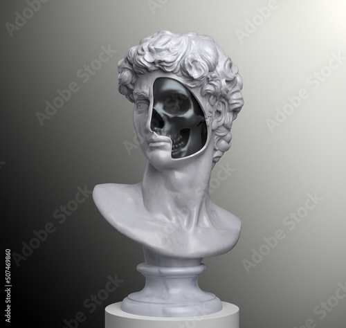 Abstract concept illustration from 3d rendering of hole cut face white marble classical head bust with black shiny skull inside hollow void on a pedestal isolated on grayscale gradient background.