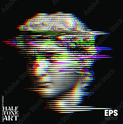 Halftone Art. Vector glitch and corrupted RGB color offset mode illustration from 3d rendering of classical marble male head in horizontal line halftone style isolated on black background.