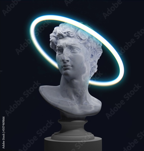 Abstract illustration from 3d rendering of white marble classical male head sculpture on a pedestal made illuminated by a white neon halo ring and isolated on black background.

