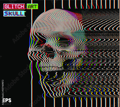 Glitch Art Skull. Vector illustration of digital glitch art screaming skull in oscilloscope RGB color mode line on black background from 3D rendering in the style of old CRT TVs and VHS.