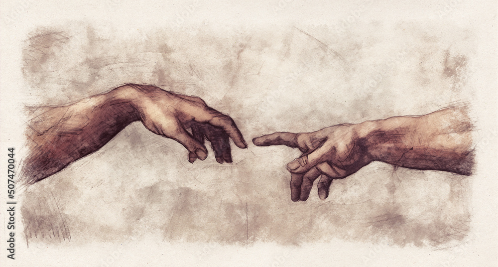 Hands reaching. Digital illustration sketch in the style of old renaissance drawings on paper. - obrazy, fototapety, plakaty 
