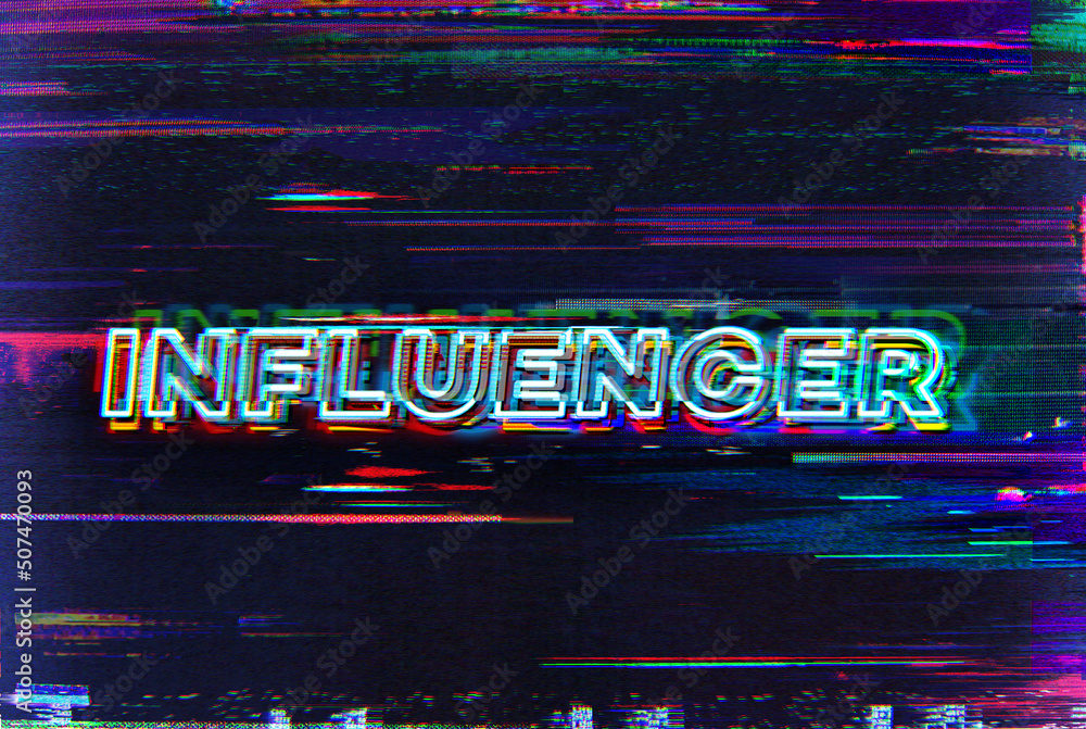 Influencer. Glitch art corrupted graphics typography illustration in retro style of vintage CRT TV screens and VHS tapes. Influencer. Glitch art corrupted graphics typography illustration in retro style of vintage CRT TV screens and VHS tapes.