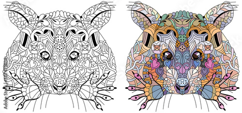 Zentangle stylized rat head on a circular ornament. Hand Drawn lace vector illustration for coloring