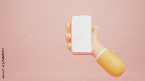 3d render mobile gadget with empty white screen in cartoon character hand on pink background.