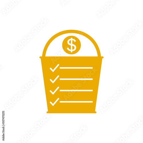 Golden bucket list icon with money. Vector illustration on white background.