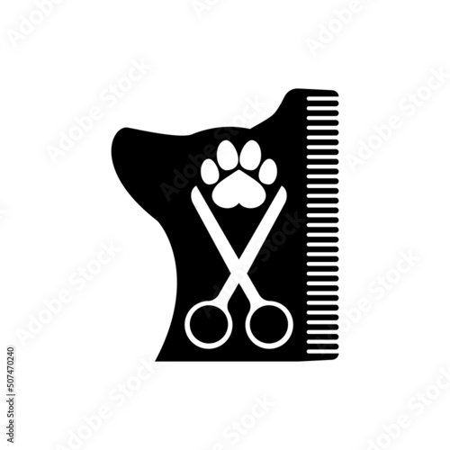 Dog grooming logo design template. Dog pawprint with comb silhouette and scissors. Vector clipart and drawing. Isolated illustration on white background.