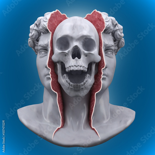 Abstract concept illustration from 3d rendering of classical head bust sliced open in two showing fleshy intern and screaming skull coming out from inside isolated on blue background.